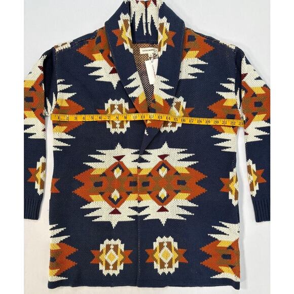 Lucky Brand Aztec Tribal Cardigan Sweater Coatigan Large Shawl Collar Southwest - Picture 3 of 11